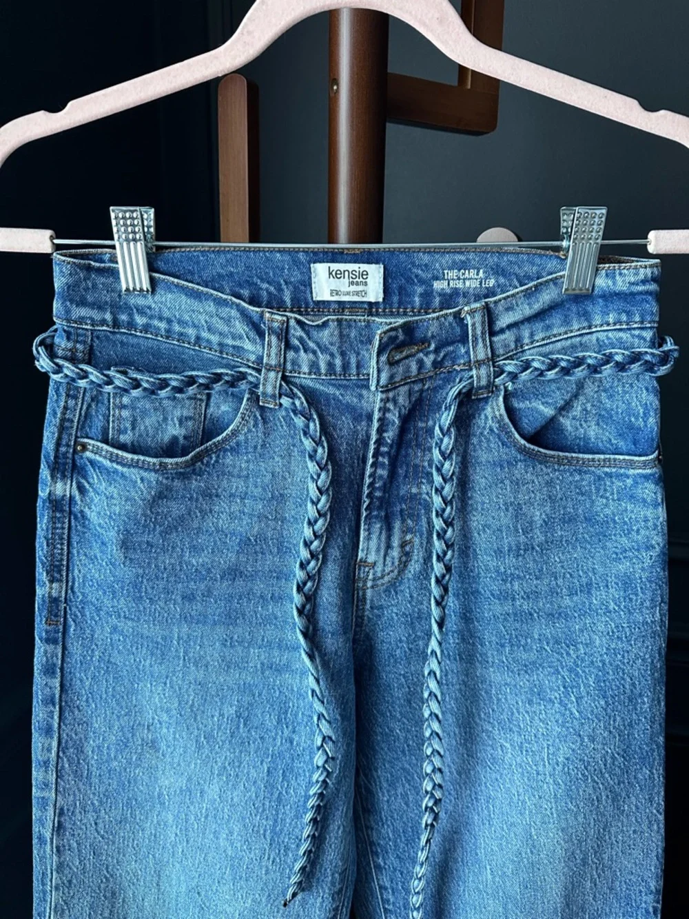 KENSIE JEANS The Carla High-Rise Wide Leg Blue Jeans with Braided Belt -0/25 - Picture 2 of 9